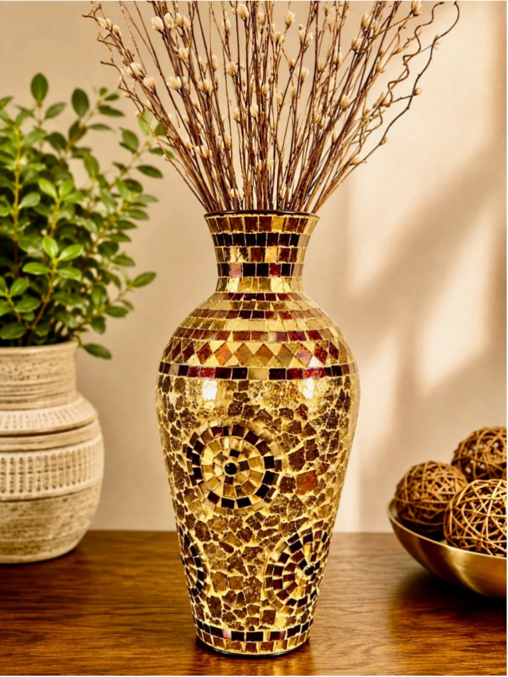 Pier 1 Mosaic Decorative Vase – Bronze, Gold & Red – 14”